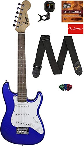 Fender Squier 3/4 Size Kids Mini Strat Electric Guitar Learn-to-Play Bundle with Tuner, Strap, Picks, Fender Play Online Lessons, and Austin Bazaar Instructional DVD - Imperial Blue