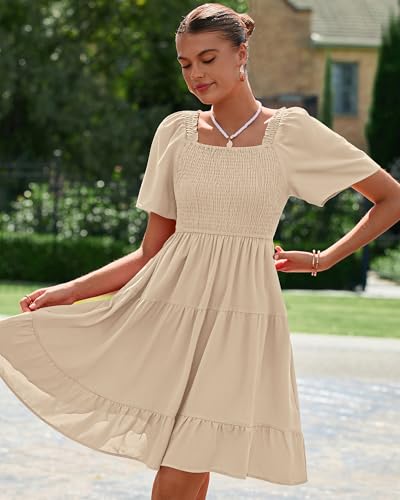 Image of BTFBM Womens Summer Smocked Mini Dress Spring Square Neck Flutter Sleeve Casual Ruffle Swing Boho Beach Dresses Pockets