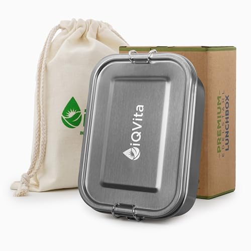 Produktfoto von iQVita Brotdose Edelstahl - 800ml - 100% Auslaufsicher - Lunchbox Edelstahl - Mit Fächern - Für Kinder und Erwachsene&hellip;
