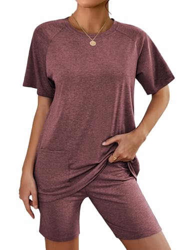 Image of Ekouaer Two Piece Sets for Women Summer Outfits 2026 Lounge Set Crew Neck Tshirts Biker Short Sweatsuit with Pocket