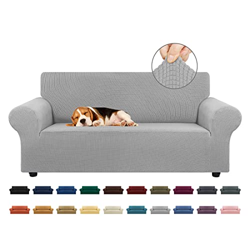 KEKUOU Stretch Loveseat Sofa Cover Slipcover,Couch Covers for 2 Cushion Couch Sofa (55"-78") Furniture Protector Sofa with Elastic Bottom for Kids,Dog. Jacquard Small Checked (Medium,Silver)