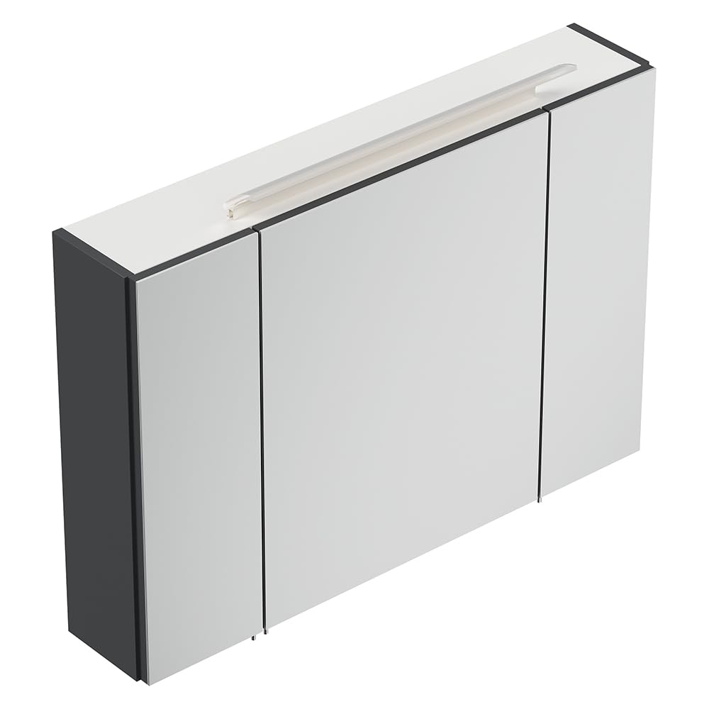 Lomadox Badezimmer Spiegelschrank 90cm, 3-türig, grau mit LED-Aufsatzleuchte, Glasböden, 3D-Funktion, Kombibox (Steckdose mit Schalter)