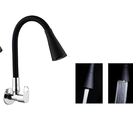 Getchi Flexible Brass Wall Mounted Sink Cock with Dual Flow Silver in Color Chrome Finish Swinging Spout Quarter Turn with Wall Flange for Kitchenware (Black, Pack of 1)