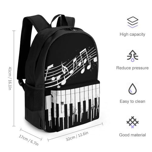Womens Fashion Backpack, Black And White Piano Keys with Musical Notes Comfortable Versatile Commute Backpack with Side Pockets, Reusable Daypack for Travel2