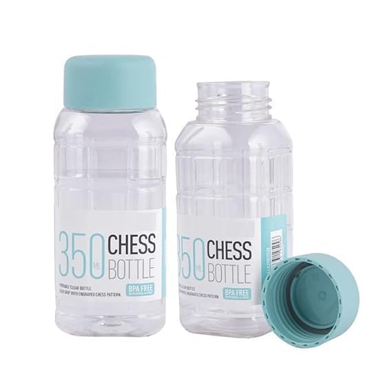 Image of Rectangle Bottle Small BPA Free Clear Plastic Water Bottle, PET Bottle For Home, Fridge, Office, Gym, Yoga, School, Travel (Transparent & Multicolor Cap) (Chess- Bottle - 350ml, Pack 2)