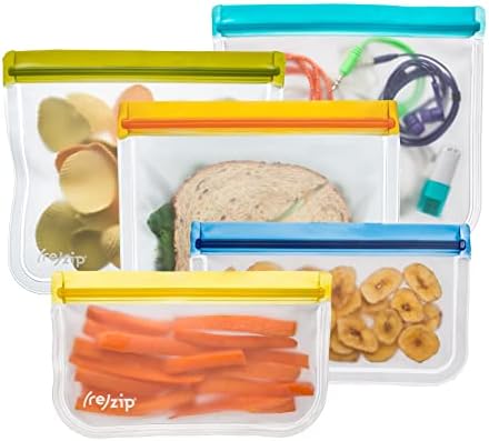 rezip 5-Piece Flat Starter Reusable BPA-Free Food Grade Storage Bag Kit, Leakproof, Freezer Safe, Dishwasher Safe, Travel Friendly, (3) Lunch (3.5-Cup/28-Ounce), (2) Snack 1-Cup/8-Ounce, (Multicolor)