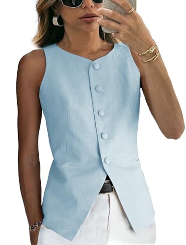 DRAHANCE Women's Linen Waistcoat Slim-Fit 5-Button Suit Vest Blue