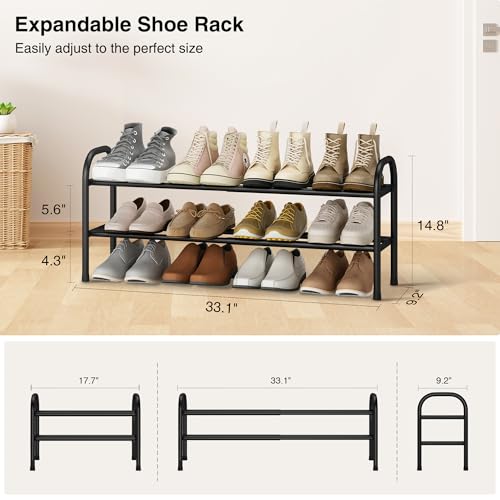 Image of STO STO Expandable Shoe Rack, 2-Tier Metal Small Shoe Rack for Closet, Up to 12 Pairs Adjustable Shoe Rack Storage for Front Door Entrance, Free Standing Shoe Rack Organizer for Entryway, Black
