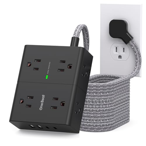 Image of 10 Ft Flat Plug Extension Cord with Multiple Outlets, One Beat Surge Protector Power Strip 10 Ft Long Cord, 8 Outlet 4 USB Ports(2 USB C), Long Extension Cord for Home Office College Dorm, Black