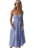 ONLY CHARM Damen Drucken Sommerkleid, Streifen Ärmelloses Rückenfrei Maxikleid Knöpfe Vintage Cocktailkleid Großformat, Blau,S