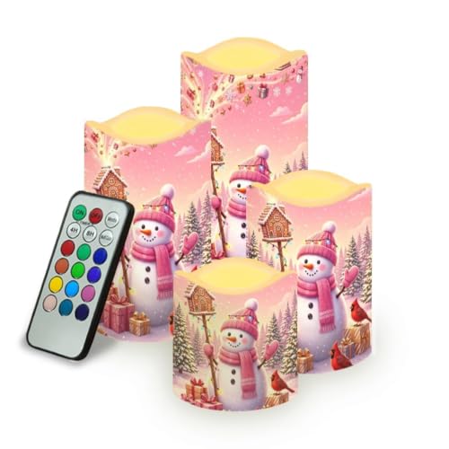 Image of Snowman Cardinal Color Changing Electric Candles, 4 Pack | cozy Christmas Flameless Candle Set with Remote Control, Battery Operated, Fake Candles for Kitchen Room, Home decor