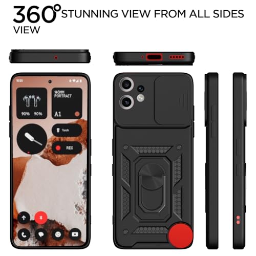 Image of Pikkme Back Cover for CMF by Nothing Phone 2 Pro 5G | 360 Protection Case | Sliding Camera Shield Cover & Ring Holder Stand D10 Tough Armor Bumper Case (Black)