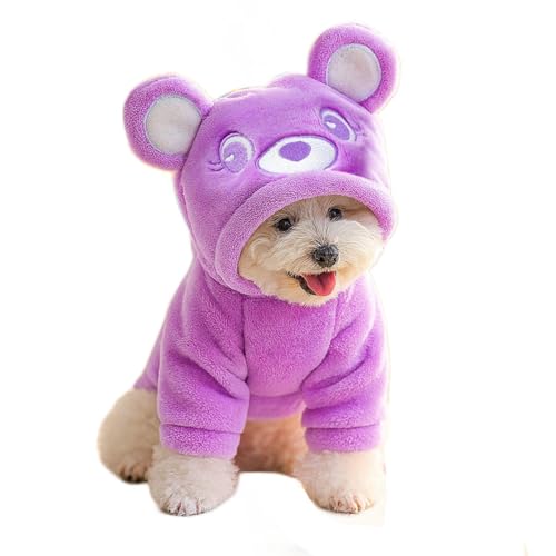 AttRex ペット犬の服 ふわふわ かわいい パーカー コート ボア クマのフード付き サンゴフリース ドッグウェア 防寒 保温 小型犬 中型犬 猫服 お散歩お出かけウェア (XL,パープル)