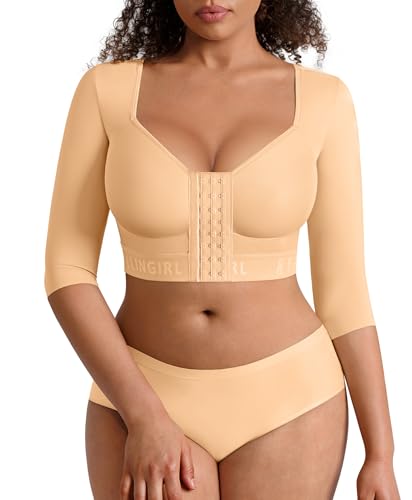 FeelinGirl Upper Arm Shaper Post Surgery Arm Compression Sleeve Women Posture Corrector Tops Shapewear Saddle Brown M