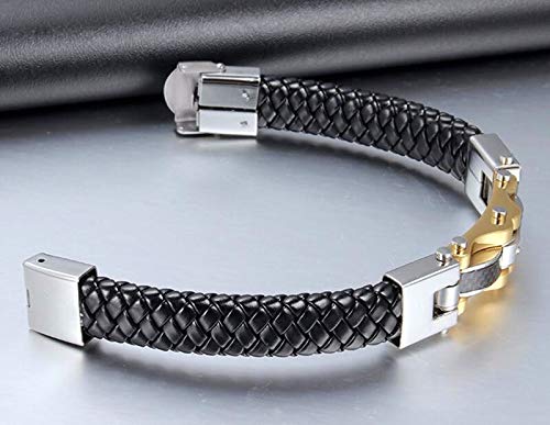 Pulseira Luxo de Couro Masculina com Detalhes Dourados e Swarovski