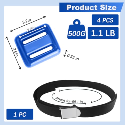 Jamceoceo 4 PCS 1.1LB Diving Weights, Blue Coated Diving Weight Block, Diving Weight Block with Metal Buckle Belt, Suitable for Freediving, Underwater Operations