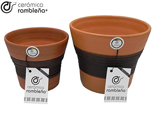 CERÁMICA RAMBLEÑA | Macetas de Barro Rojo | Macetas Decorativas | Macetas de cerámica | Macetas Exterior | Marrón-Nogal | Decoración 100% Hecho a Mano | 20x20x17cm + 17x17x14cm