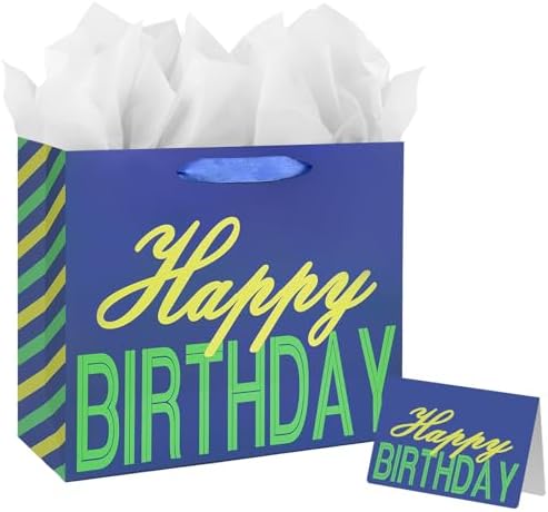 13″ Large Birthday Gift Bag with Tissue Paper, Card and Handle for Men’s, Kids’ or Baby Boy’s Birthday (Blue Happy Birthday)
