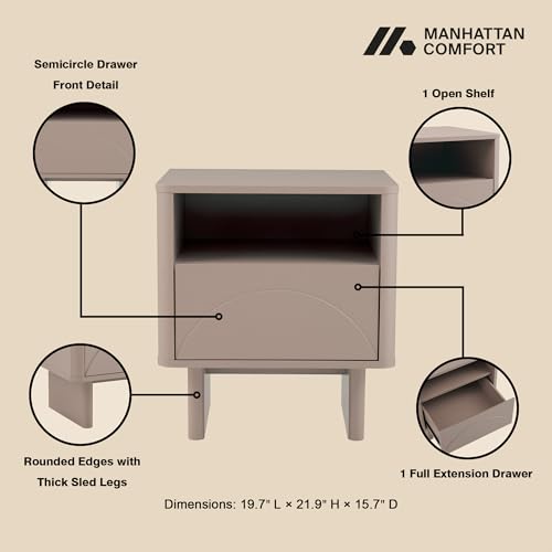 Manhattan Comfort Ella Scandinavian Nightstand with Handle-Free Arched Drawer with Open Shelf Cubby, Rounded Edges and Sled Legs, Modern Accent Bedside End Table for Bedroom & Living Room in Mocha by Manhattan Comfort - Used condition - Image 4
