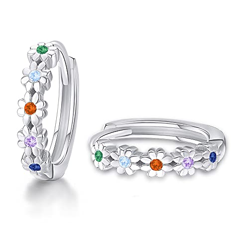 CiNily Hoop Earrings for Women Flower Rainbow Cubic Zirconia Huggie Earrings Hypoallergenic 14K White Gold Plated Cartilage Earrings