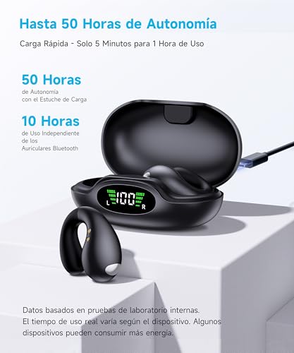 Miniatura 5 de Euqq Auriculares Inalámbricos Deportivos - 2025 Auriculares De Oído Abierto Bluetooth 5.3 Auriculare De Conduccion Ósea, 50h De Reproducción Con Caja De Carga Led Usb-C, Ip7 Impermeable - Negro