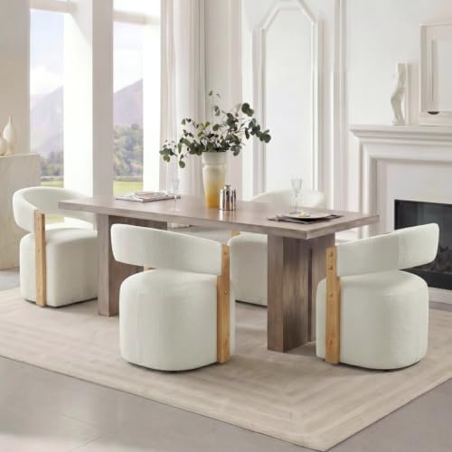 Image of KISLOT Upholstered Dining Chairs Set of 4, Modern Wooden Arm Kitchen & Dining Room Chairs with Hidden Casters, Fabric Padded Rolling Chairs, Sturdy Wood Frame, 300 lbs Capacity, Off-White