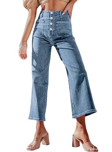 chouyatou Women's Y2k Buttoned Wide Leg Cropped Jeans High Waisted Capri Denim Pants