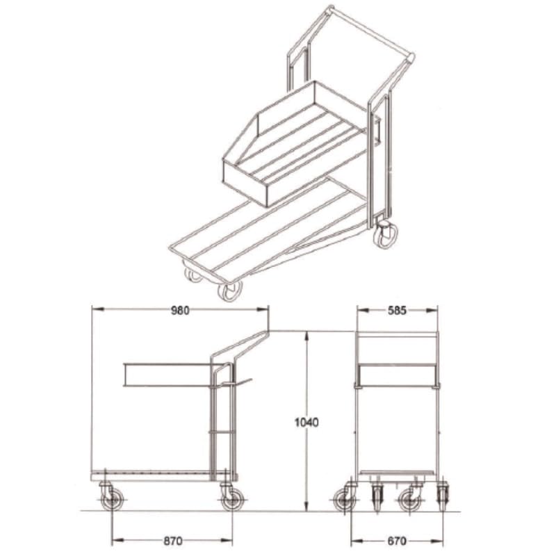 Carrello pianetta brico garden self-service imbottigliabile con supporto laterale e cesto ribaltabile 670x980x1040h kg.300 28FBG