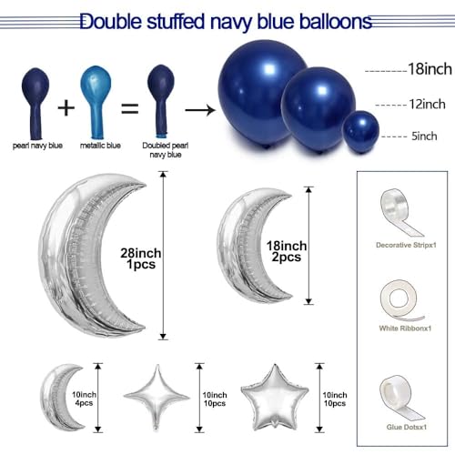 Image of Navy Blue Balloon Garland Arch Kit Double Stuffed Royal Blue Star Moon Balloons for Birthday Baby Shower Over the Moon Prince Graduation Wedding Space Astronaut Galaxy Party Decorations