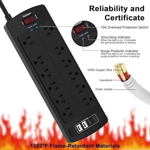 6 Ft Extension Cord Power Strip, Teiobar Surge Protector with 12 AC Outlets and 4 USB Ports for Home, Office, Dorm Essentials, 2700 Joules, ETL Listed, Black - 5