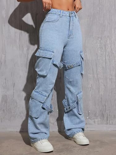 Image of Glossia Fashion Blue Women Cargo Jeans | High Waist Stretchable Wide Leg Loose Fit Denim| Boyfriend Cargo Jeans for Women(WJ-1225)