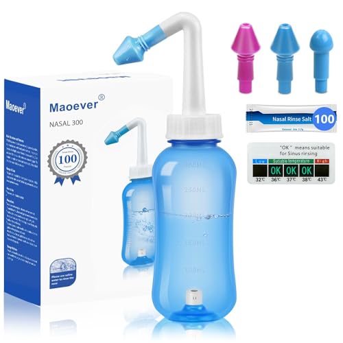 Maoever Nasendusche Set, 300 ml, mit 100 Nasenwasch-Salzpaketen und Aufkleberthermometer，nasendusche erwachsene zur Nasenreinigung und Nasenspülung