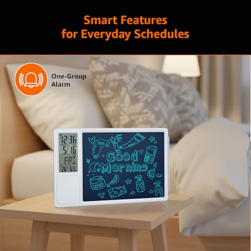 Image of Amazon Basics Digital Writing Pad Clock with Alarm, White color, ABS,Temperature Display, Calendar, 12 /24 Hr Format, Backlight-Free Design, Cell Battery Powered, Wall /Table Mount (Size: 263 x 10 x 165 mm)