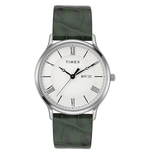 TIMEX Analog Watch for man with White Round Dial & Green Leather