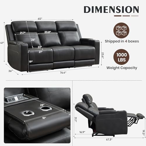 Neptane Power Reclining Sofa with Adjustable Headrest, Home Theater Seating Reclining Couch with LED Light/Outlet/Storage/USB&Type-C, Power Loveseat Recliner Sofa for Living Room (Grey&Black, Sofa)