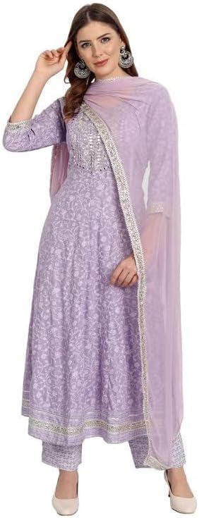 Women's Rayon Anarkali Embroidered Printed Kurta Pant And Dupatta Small Purple