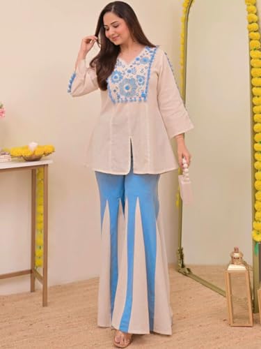 Image of Leriya Fashion Women's Kurta Set with Palazzo | Ethnic Kurtis Palazzo Set for Women | Crew Neck Embroidery Kurta Set with 3 /4 Sleeve | Cotton Ethnic Traditional Straight Kurti Set for Everyday Outfit