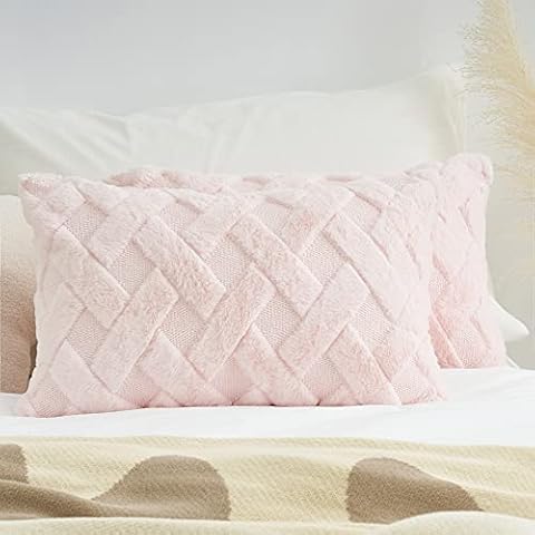 Foindtower Decorative Soft Fur Lumbar Throw Pillow Covers Fluffy Cute Embroidery Cushion Cover, Solid Tufted Geometric Pillowcases for Couch Bed Nursery Room 12x20 Inch Set of 2 Light Pink Cover
