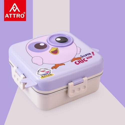 Image of ATTRO Carnival Super Birdy Lunch Box 2 Layer Stainless Steel Lunch Box Comes with 1 Detachable Tray, 1 Small Container & 1 Spoon Ideal for Kids BPA Free 1120ml+70ml- Snow Blue