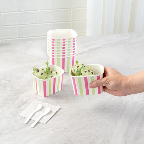 Image of Restaurantware Paper Cups 200 Count 12 Ounce Square Disposable Ice Cream Containers, Leak-Resistant Paper Dessert To Go Cups, Hot And Cold Food, Durable Green And Pink Stripe, Lids Sold Separately