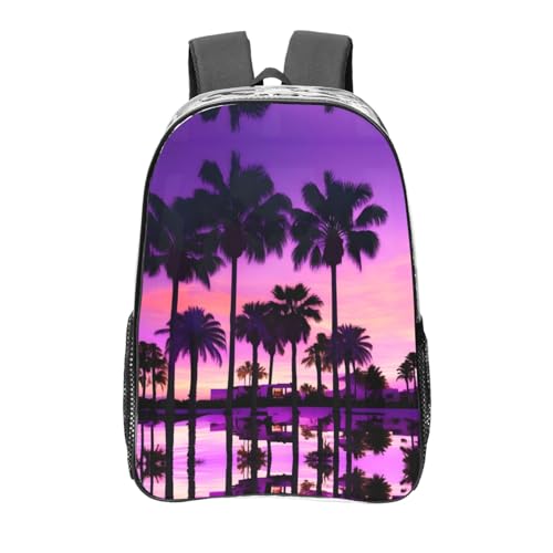 Sac à dos transparent avec poches fonctionnelles et motif palmier coucher de soleil noir