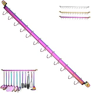 Kyraton Kitchen Utensil Rack, Kitchen Rack With Rainbow Titanium Plating,Rail Rack Organizer for Hanging Knives,Wall Mounted Gourmet Kitchen Rail with 14 Hooks