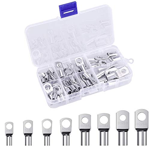 60 Piezas Terminales Cobre Estaado, Orificio Perno Terminales, Pernos Terminales Cable, 8 Tamaos Resistencia a Altas Temperaturas Terminales Tubera de Cobre Estaado para Crimpar Cables Elctricos