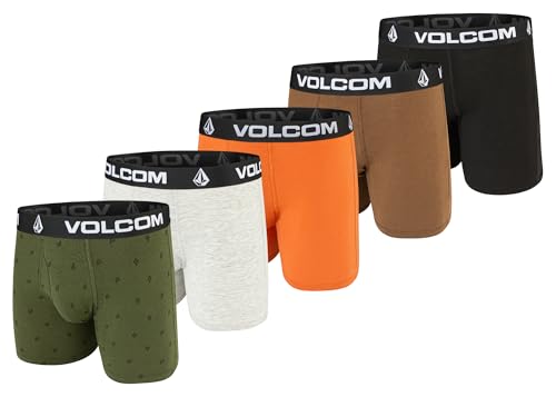 Volcom Herren-Boxershorts, 5er-Pack, Baumwoll-Stretch, ultraweich, mit Hosenschlitz, Boxershorts, Grün/Heidekraut/Orange/Braun/Schwarz, Small