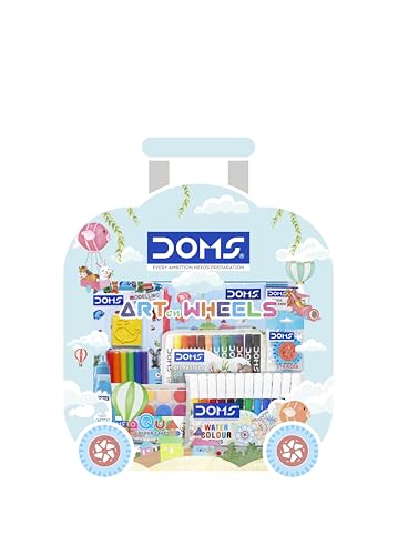 Image of Doms Art On Wheels Assorted Stationery Items Kit+Plastic Crayons 28 Shades Round Tin Gift Pack Combo| Easy to Carry| A Fine Birthday Gift for Children