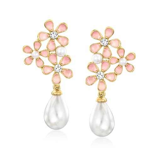 Ross-Simons 14kt Yellow Gold-Plated and Pink Enamel Flower Earrings With Simulated Gemstones and Pearls
