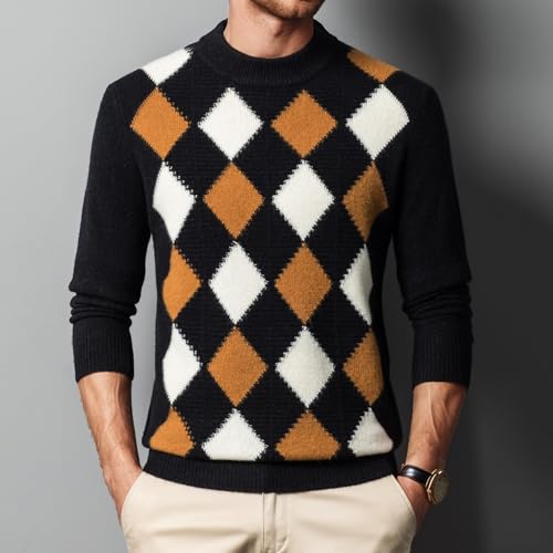 Men's 100% Wool Mock Turtleneck Long Sleeve Pullover Fashionable Retro Argyle Sweater2