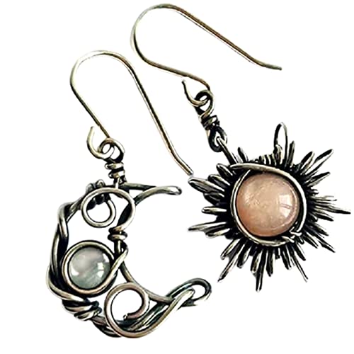 Boho Retro Opal Sun and Moon Dangle Earrings - Vintage Silver Asymmetry Moon Star Sun Dangle Drop Earrings With Black Moonstone - Hypoallergenic Statement Jewelry