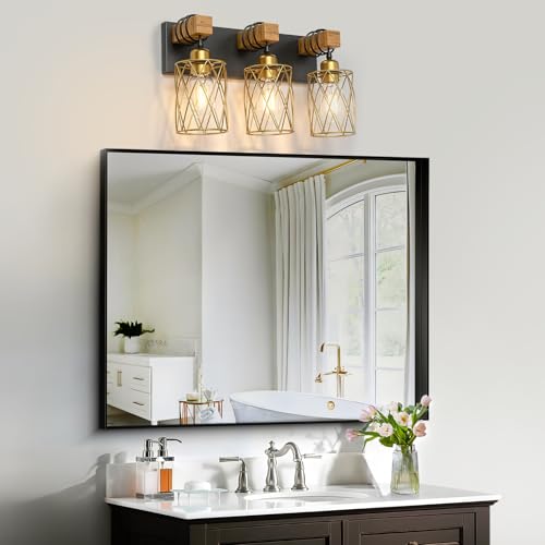 Image of IZORRO Farmhouse Bathroom Vanity Light, 3-Light Wood Bathroom Light Fixtures Over Mirror, Black and Gold Industrial Vanity Lights with Metal Shade, Rustic Restroom Lighting Fixtures