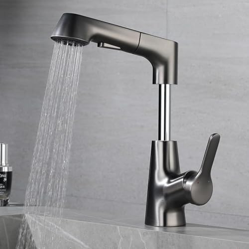 Robinet Cuisine Noir avec Douchette, Robinetterie de Cuisine Extensible, 2 Modes de Pulvérisation Mitigeur Cuisine, Mitigeur Evier Rotatif à 360°, Robinetterie Evier Escamotable, Tuyau de 60 cm